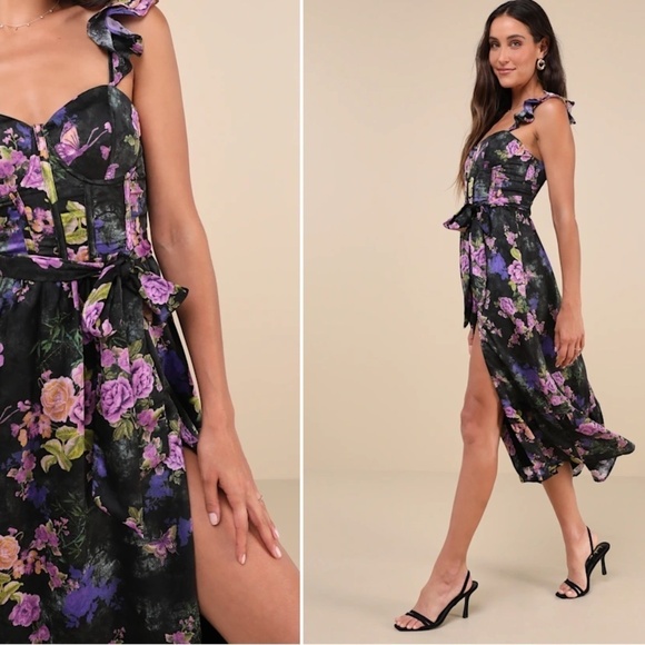 LULUS Prom Wedding Flowy Sexy Floral Boho Corset Bustier Midi Dress - Picture 1 of 4